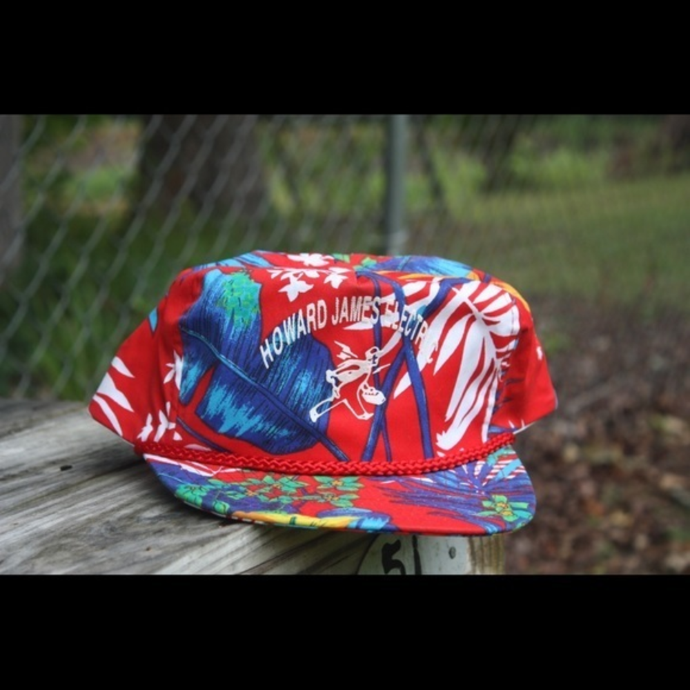 Vintage Nissin Red‎ Hawaiian Hat Howard James Electric Logo Trucker Rope Hat